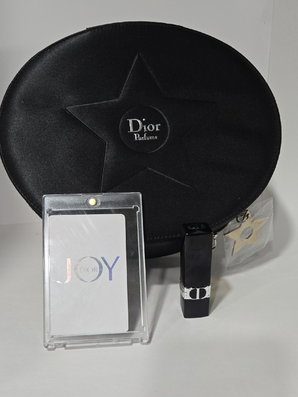 Dior Black Satin Star Cosmetic Pouch with Lipstick & JOY Card.